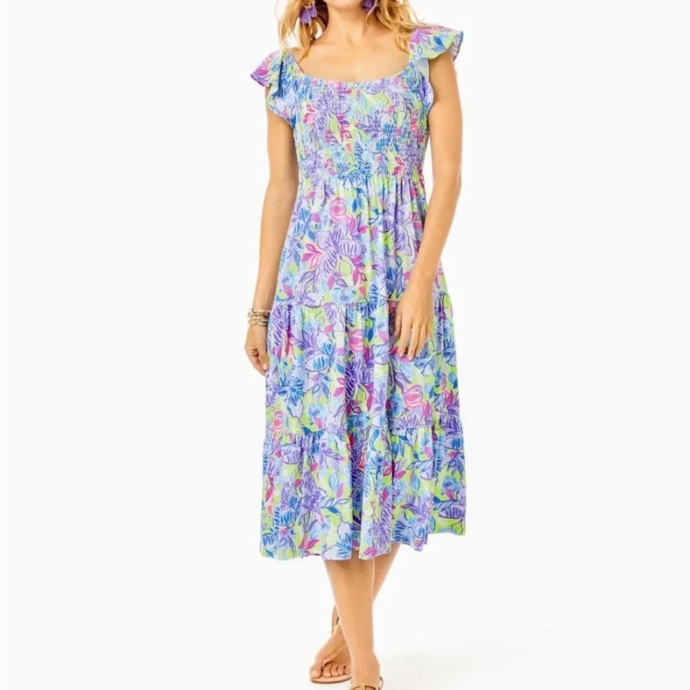 Lilly Pulitzer Jilly Smocked
Midi Dress Ruffle Floral
Printed Resort Size L A31 - Picture 10 of 12